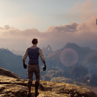 Player overlooking distant lands in Nightingale
