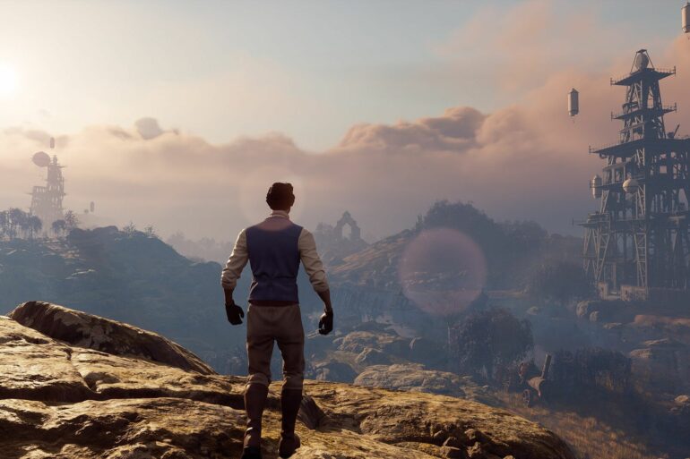 Player overlooking distant lands in Nightingale