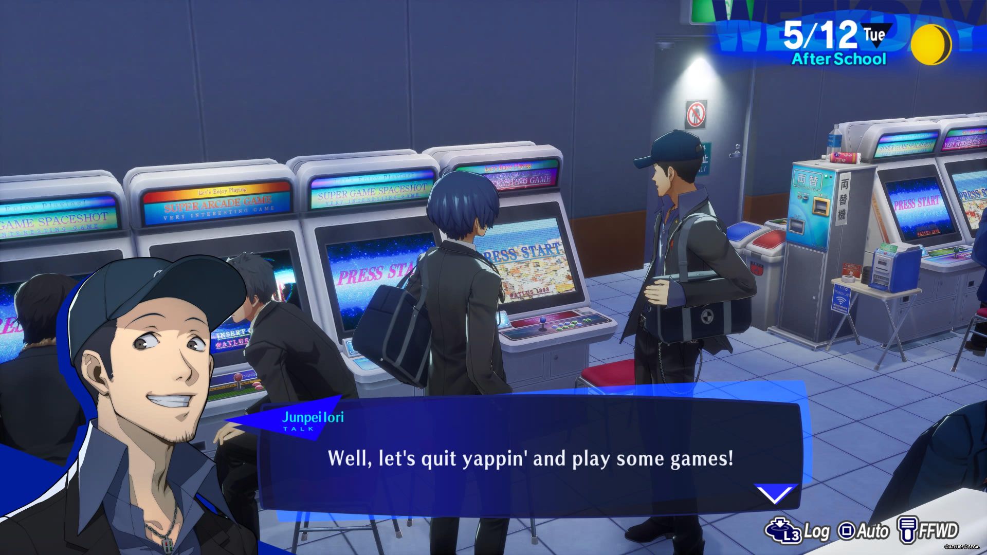 Junpei and the protagonist talking in Persona 3 Reload