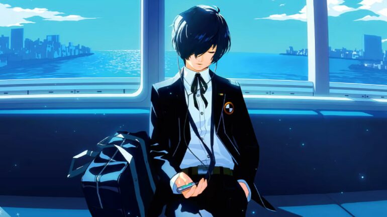 Protagonist sitting on a bench in Persona 3 Reload
