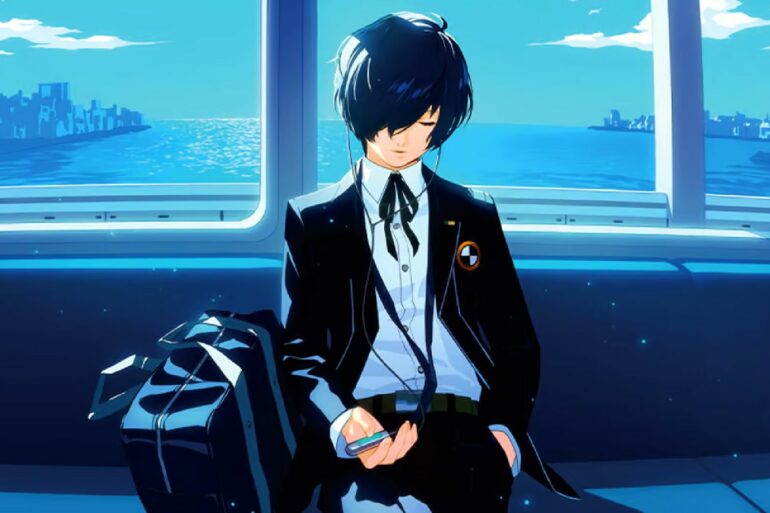 Protagonist sitting on a bench in Persona 3 Reload