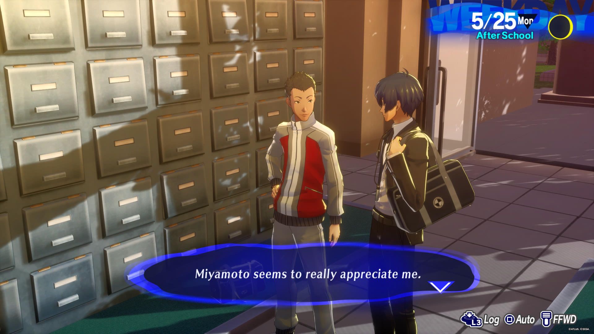 The player talking to Kaz in Persona 3 Reload