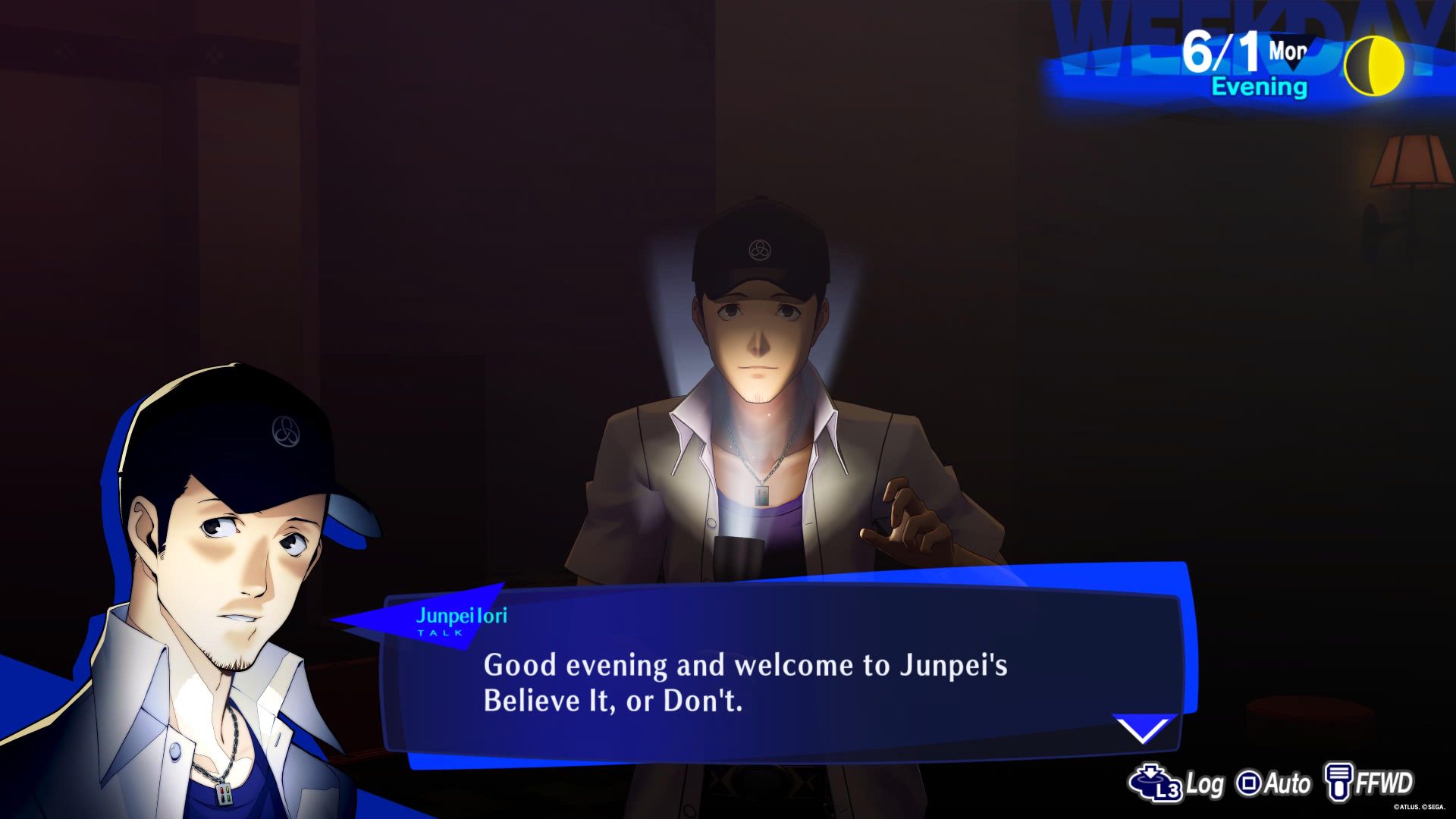 Junpei with a flashlight on his face in Persona 3 Reload