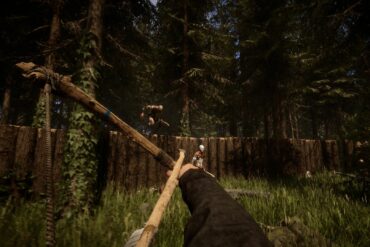 Player aiming bow and arrow at cannibals in Sons of the Forest