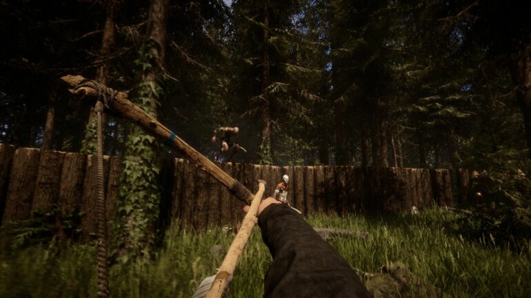 Player aiming bow and arrow at cannibals in Sons of the Forest