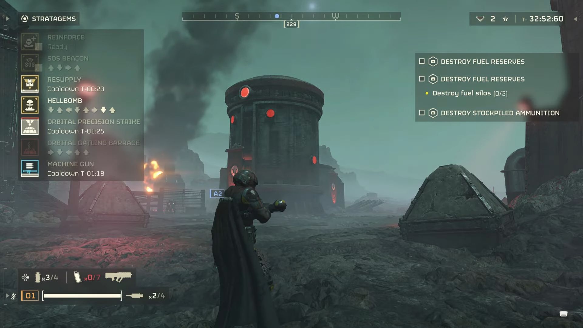 Player calling down Hellbomb Stratagem to destroy Fuel Reserves in Helldivers 2