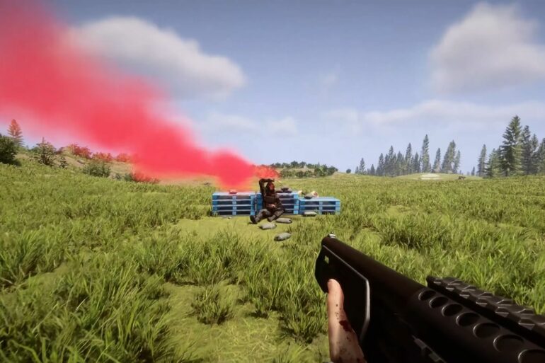 Player encountering an NPC lyin prone next to a flare in Sons of the Forest 1.0