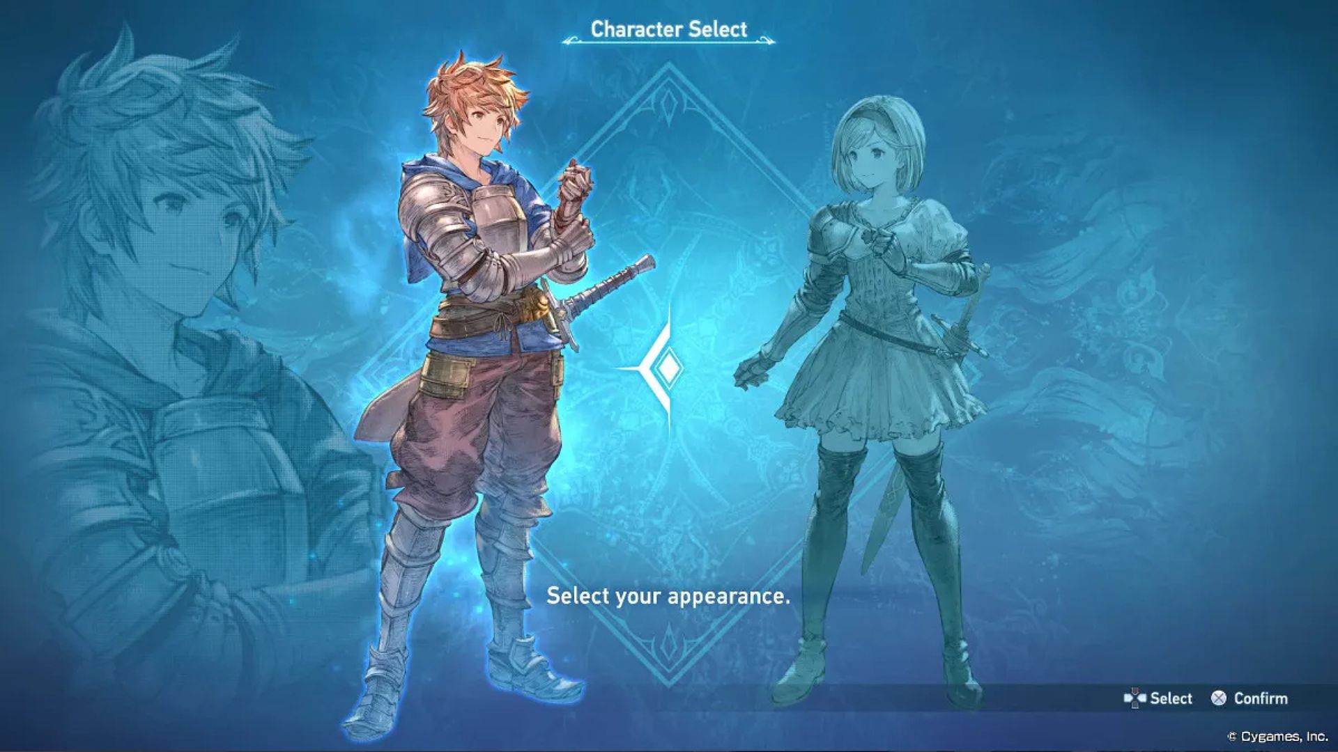 Gran and Djeeta select screen in Granblue Fantasy: Relink