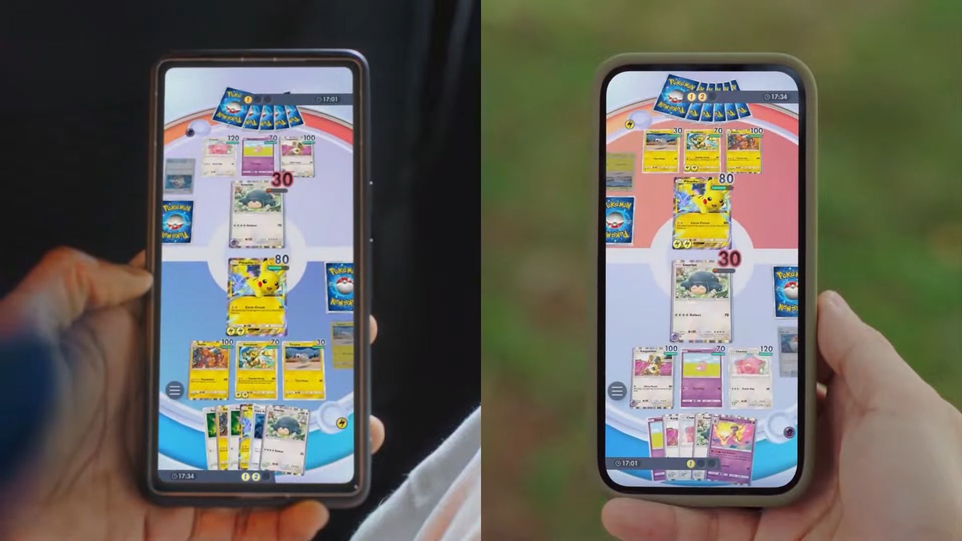 Side by side of two players battling each other in Pokemon Trading Card Game