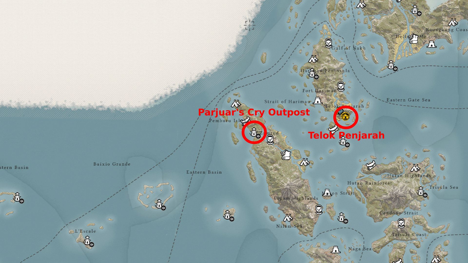 The location of the Parjuar's Cry outpost in Skull and Bones