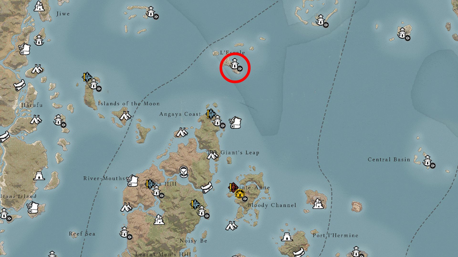 The location of Moyenne Crique in Skull and Bones