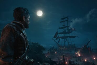 Skull and Bones key art of pirate looking out at docked ship in the moonlight at night
