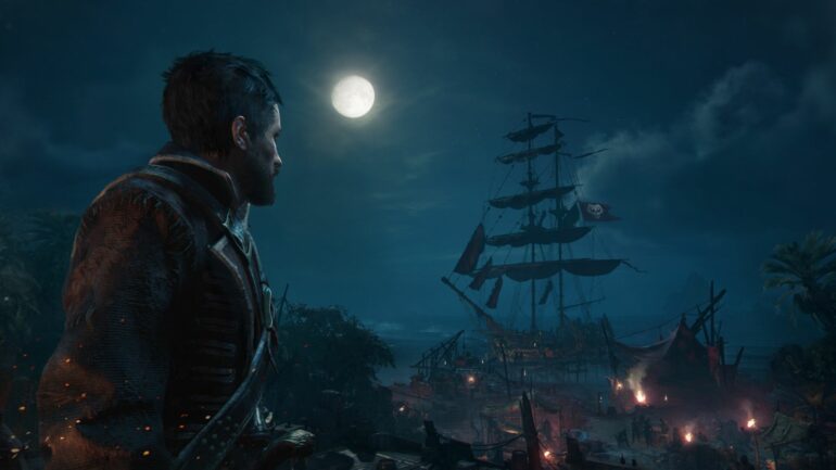 Skull and Bones key art of pirate looking out at docked ship in the moonlight at night