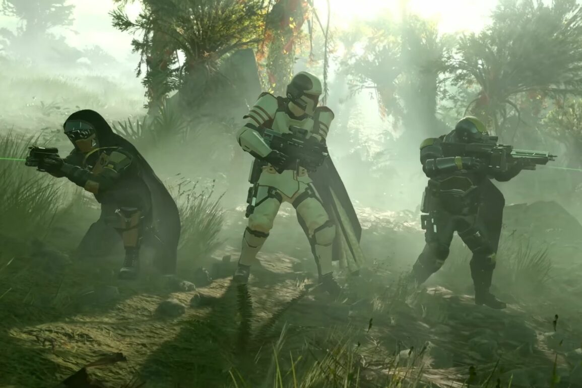 Three Helldivers aiming their weapons in Helldivers 2