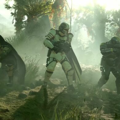 Three Helldivers aiming their weapons in Helldivers 2