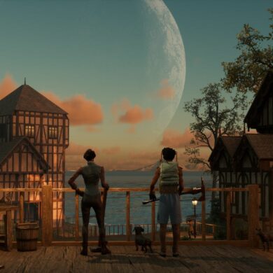 Two players looking out at building and landscape in Nightingale