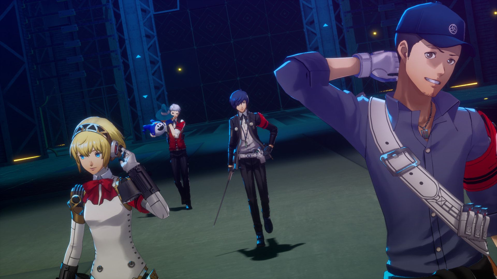 Persona 3 Reload characters walking down a corridor