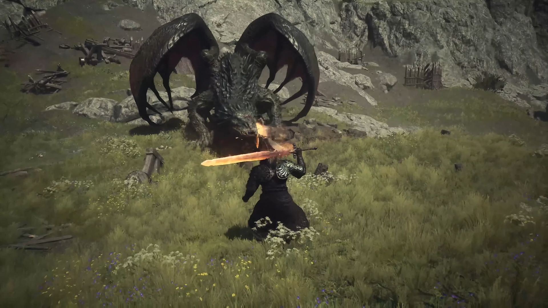 The Warrior Vocation fighting a dragon in Dragon's Dogma 2