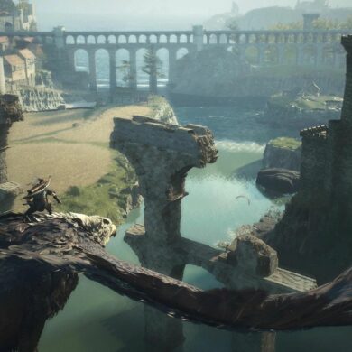 Player on the back of a Griffon flying through the air against the backdrop of an open landscape in Dragon's Dogma 2