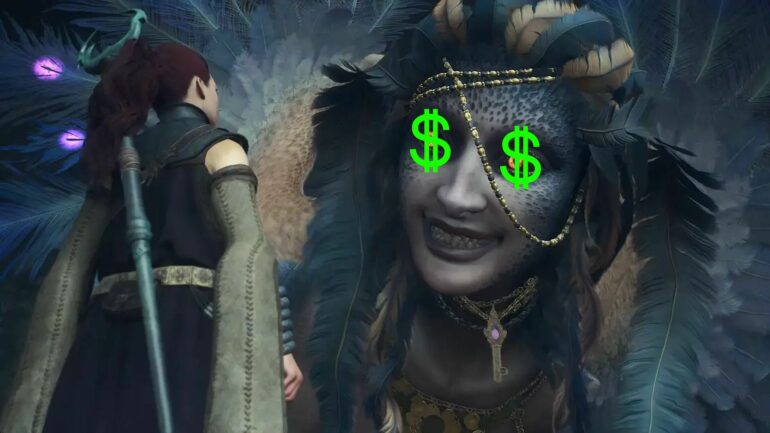 Sphinx with dollar signs on her eyes in Dragon's Dogma 2