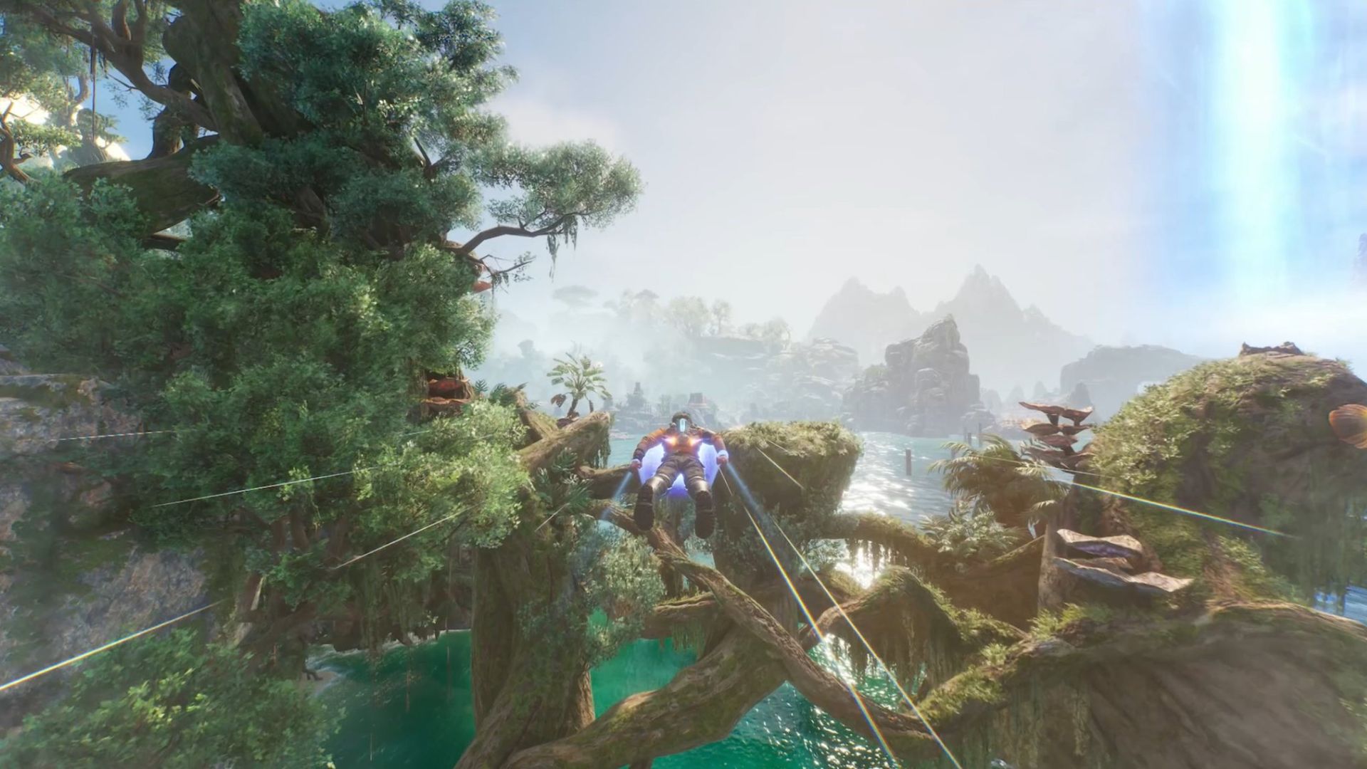 Cutter Slade traversing through the air with his Jet Pack in a lush enviroenment in Outcast A New Beginning