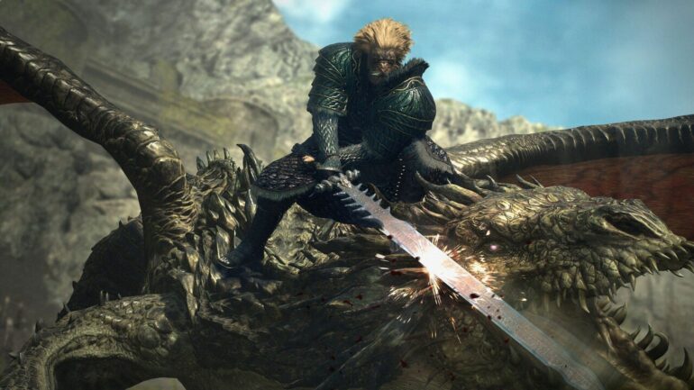 The Warrior hitting a dragon with its greatsword in Dragon's Dogma 2