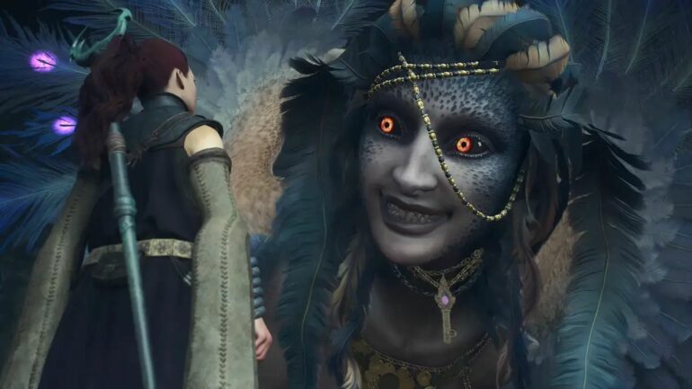 The Sphinx talking to the player in Dragon's Dogma 2
