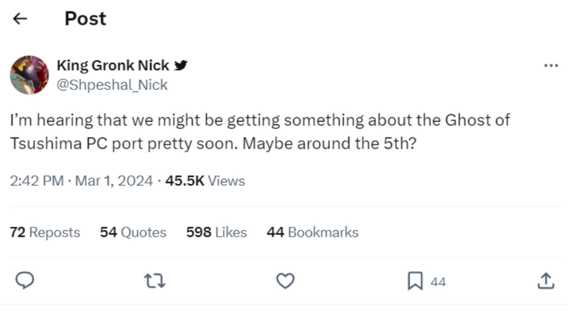 Ghost of Tsushima Tweet from nick baker xboxera