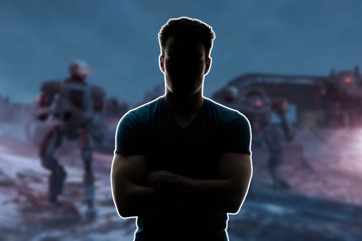 Silhouette figure against an image of Automatons from Helldivers 2