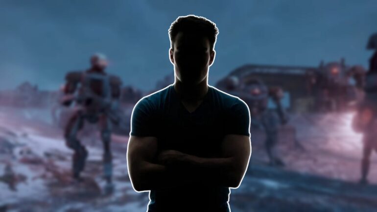Silhouette figure against an image of Automatons from Helldivers 2
