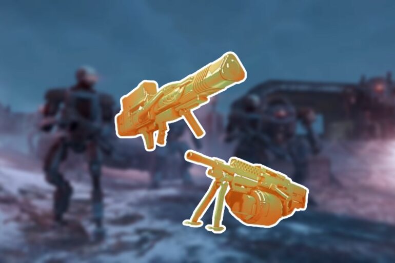 The Las-99 quasar cannon and MG-101 stratagems in Helldivers 2