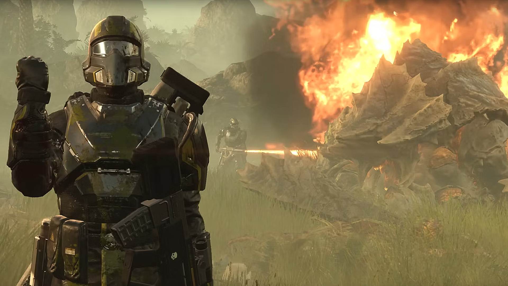 Helldivers 2 salute in front of monster