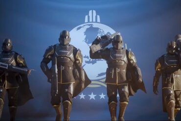 Helldivers 2 squad lineup in front of flag