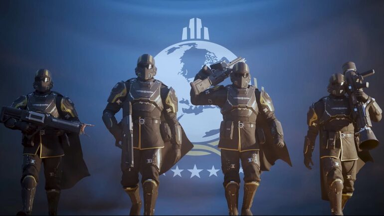 Helldivers 2 squad lineup in front of flag
