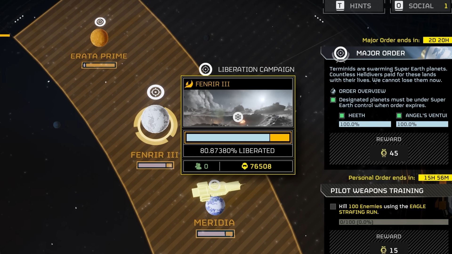 Highlighting planet liberated status for Fenrir III in the Galactic War map in Helldivers 2