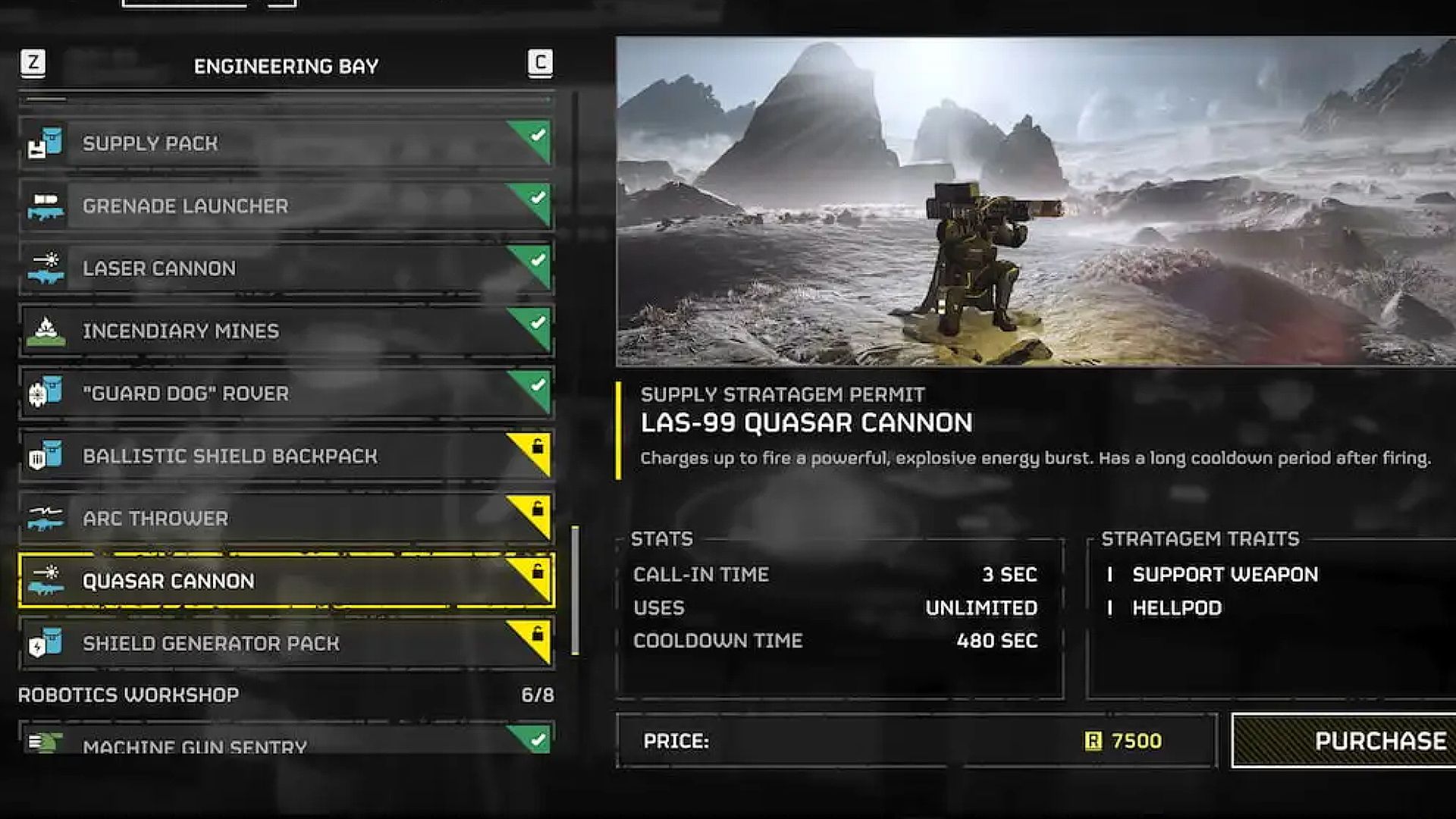 The Las-99 quasar cannon stratagem in Helldivers 2
