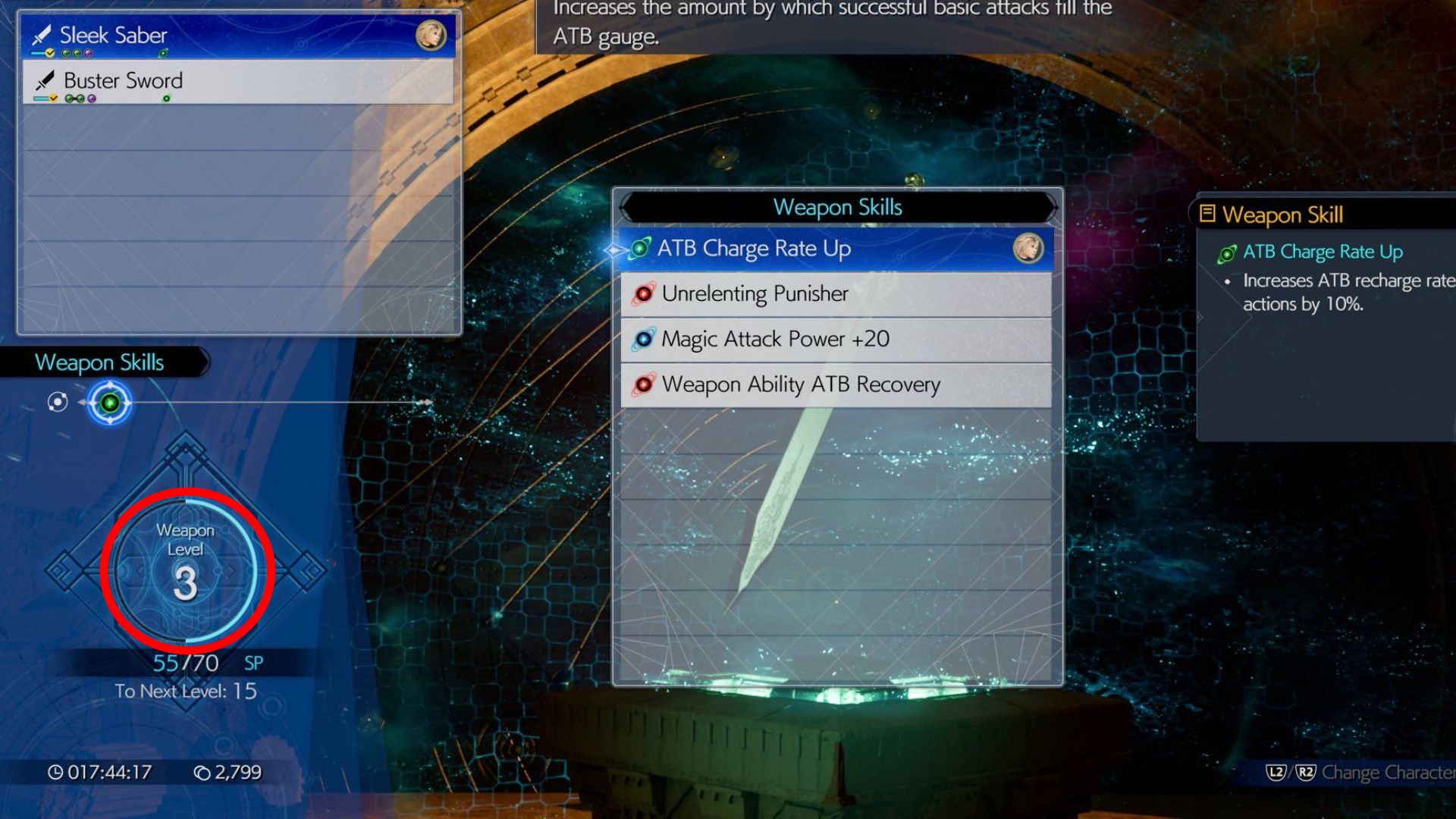 The Weapon Upgrade screen in Final Fantasy 7 Rebirth