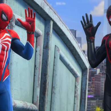 Peter and Miles waving at each other in Spider-Man 2