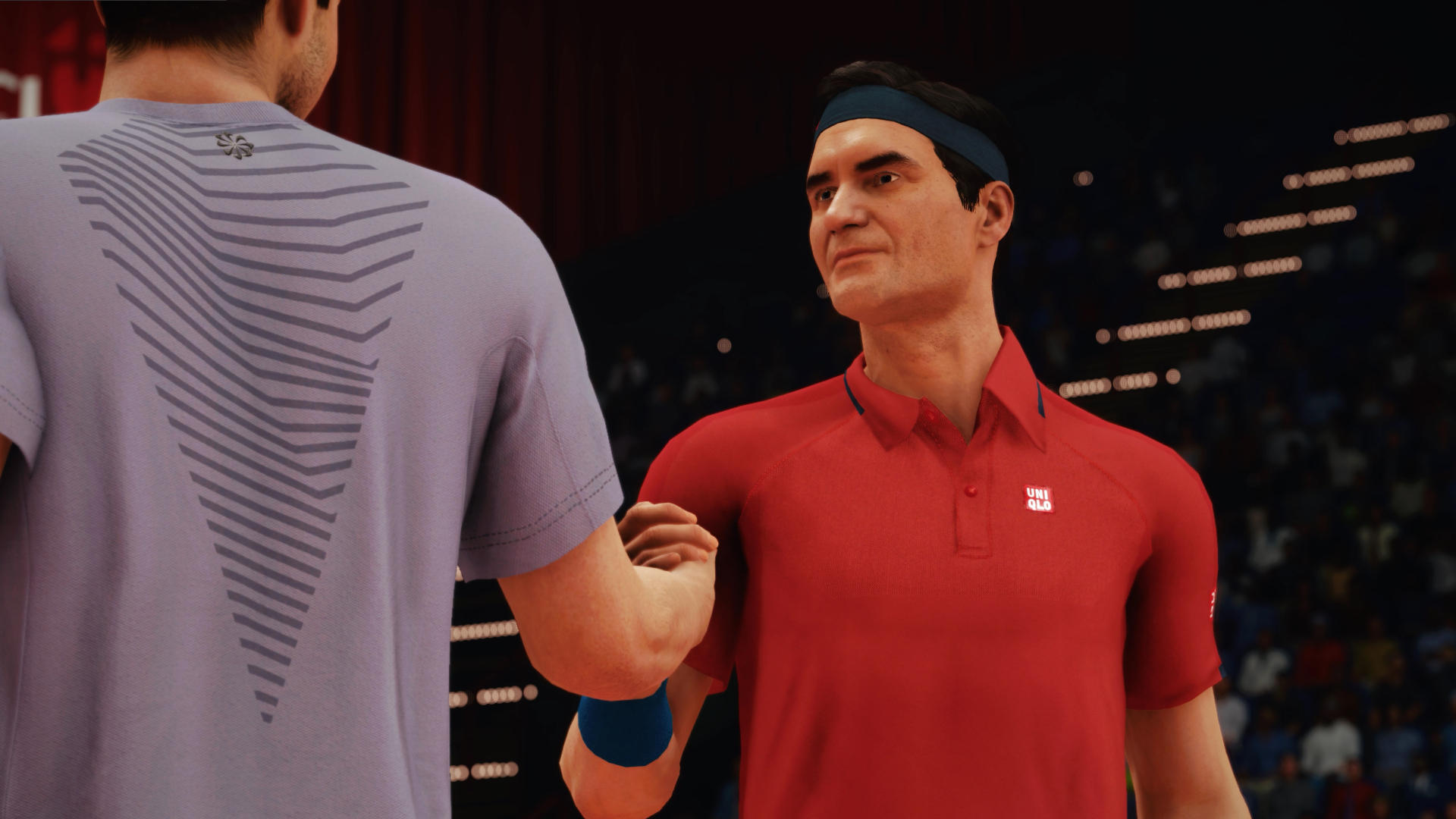Roger Federer in TopSpin 2K25 shaking hands with Alcarez