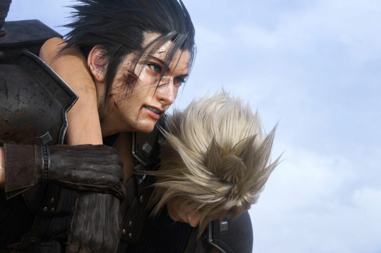 Zack with Cloud around his shoulders in Final Fantasy 7 Rebirth