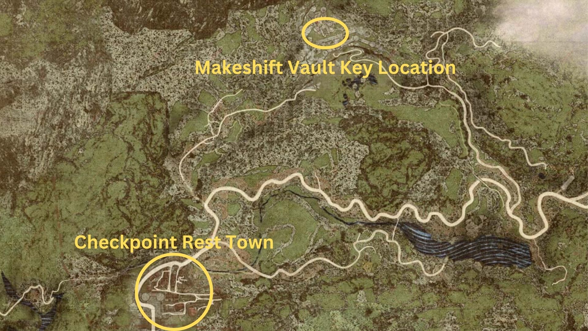 Showing location of Makeshift Vault Key and Checkpoint Rest Town on Dragon's Dogma 2 map