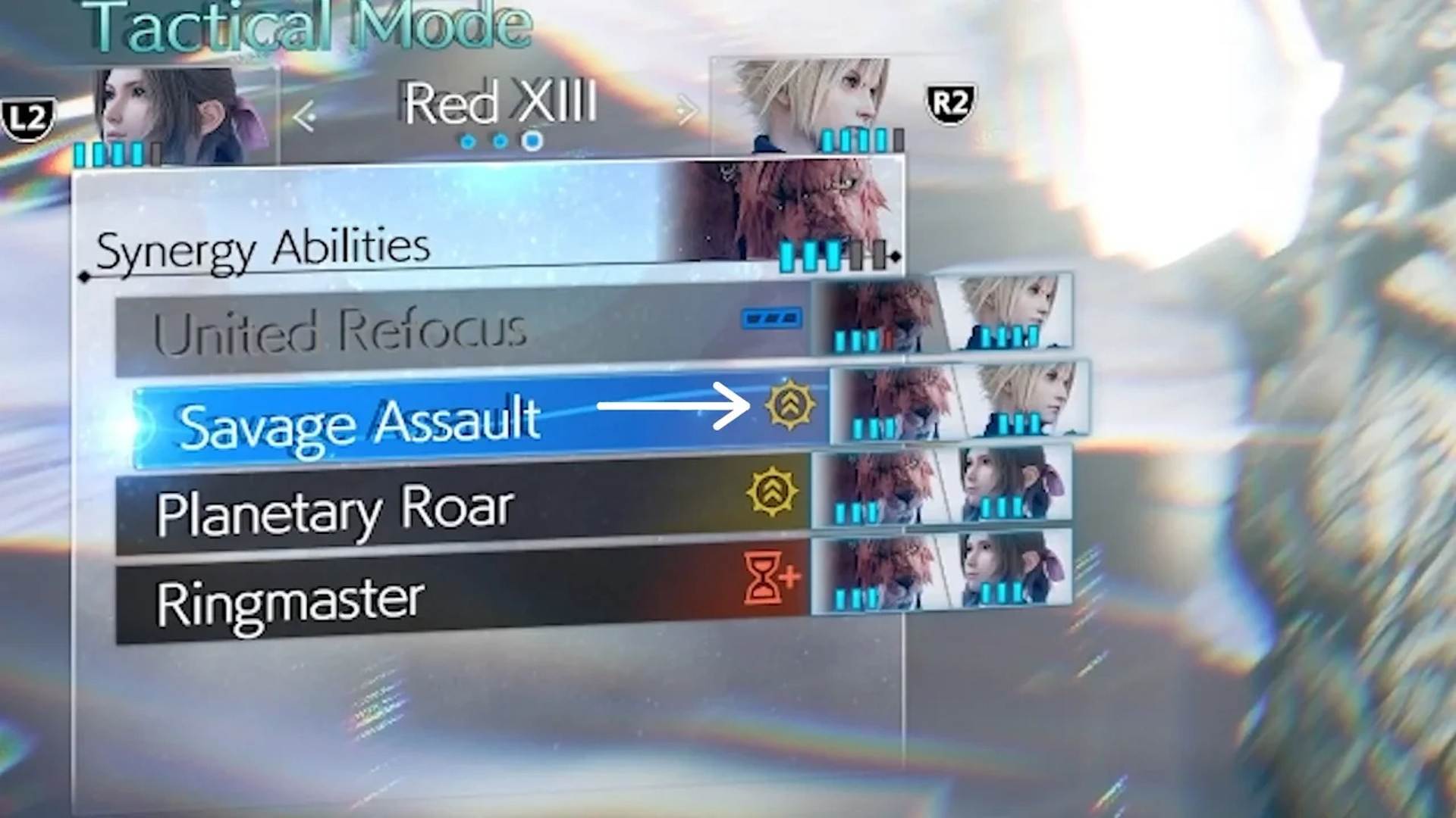 Final Fantasy 7 Rebirth synergy abilities menu