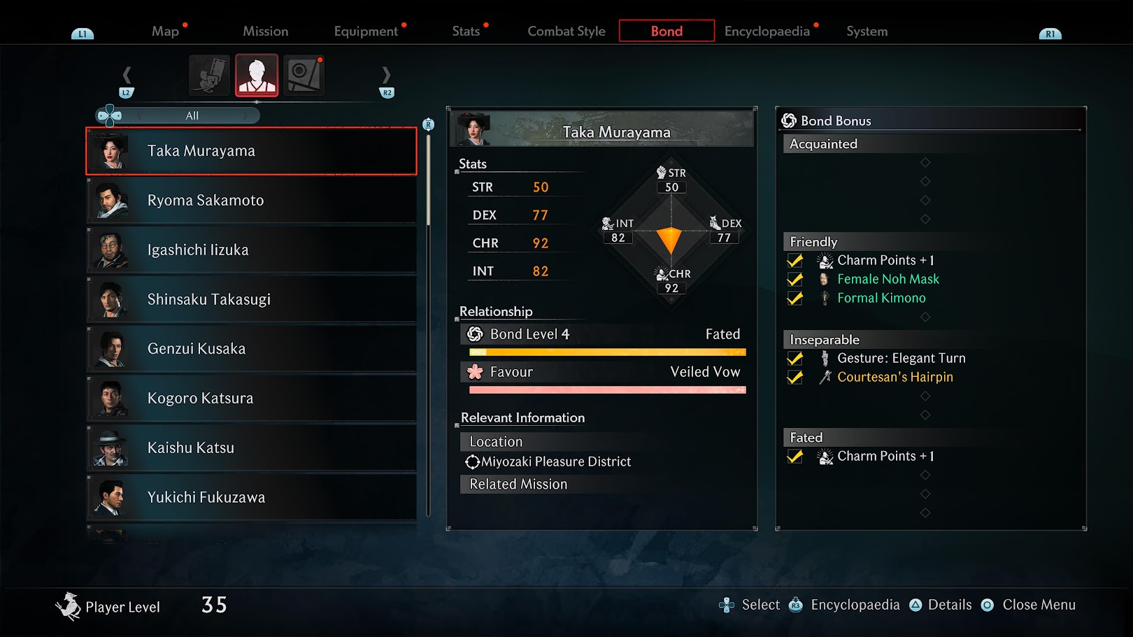 Taka Murayama Bond Screen in Rise of the Ronin