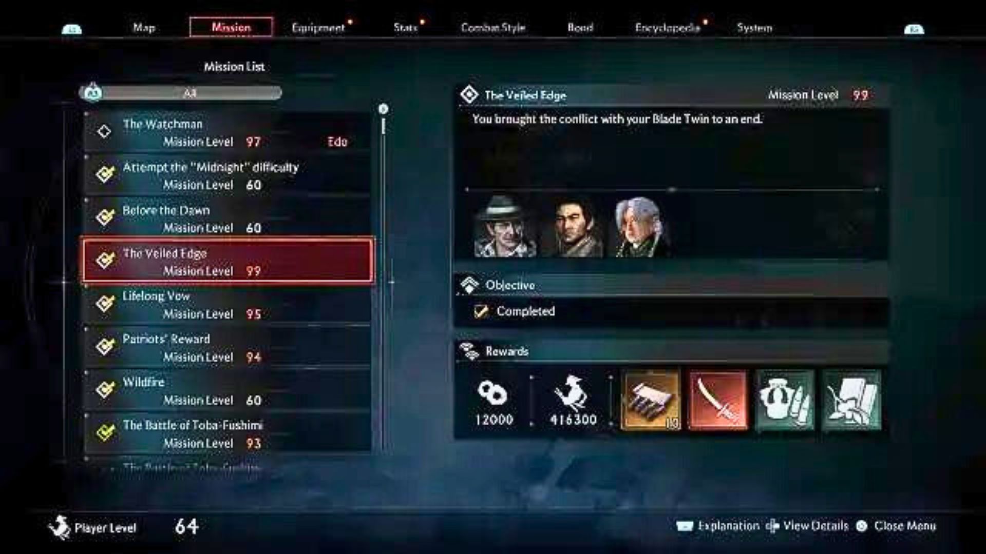 The Veiled Edge level 99 Midnight difficulty mission in the menu of Rise of the Ronin