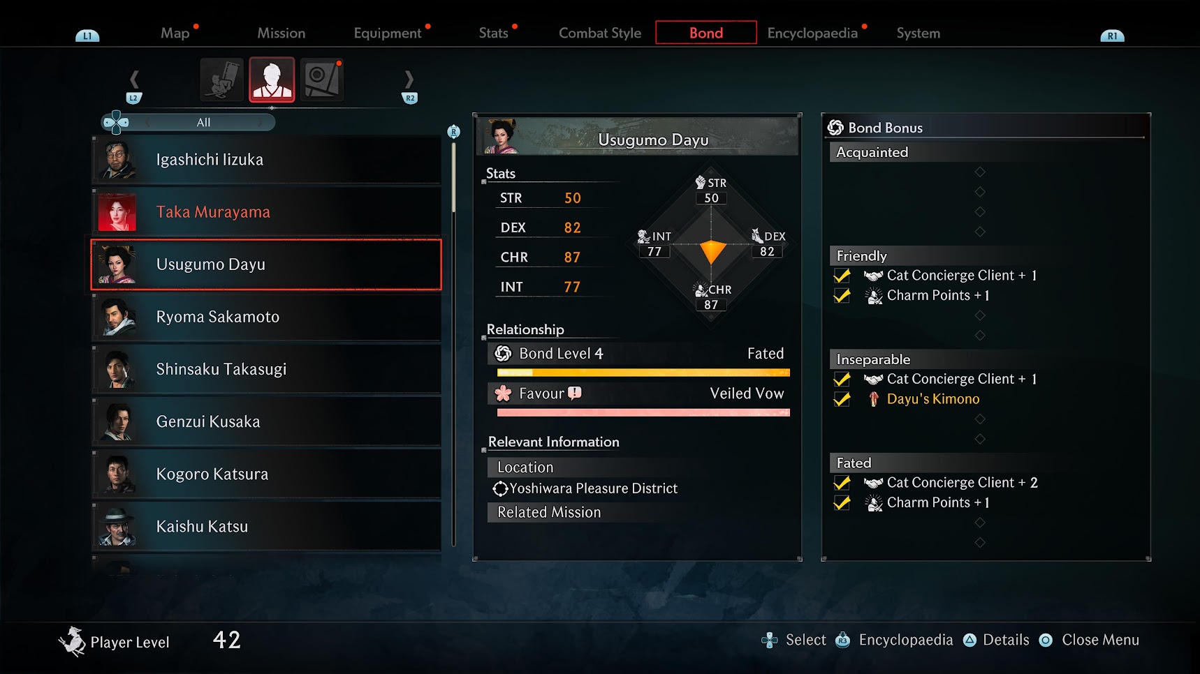 Usugumo Dayu Rise of the Ronin Bonds and Favor