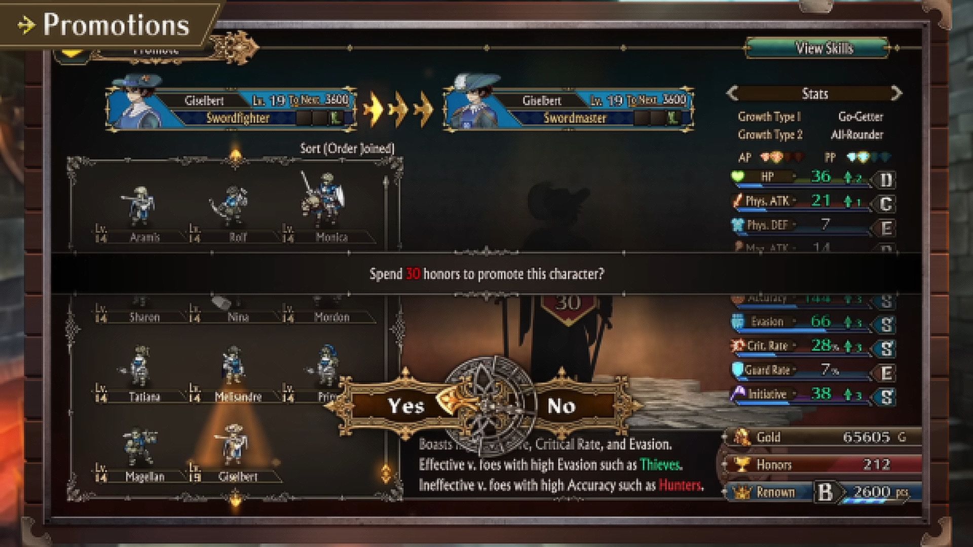 The Promotion screen in Unicorn Overlord