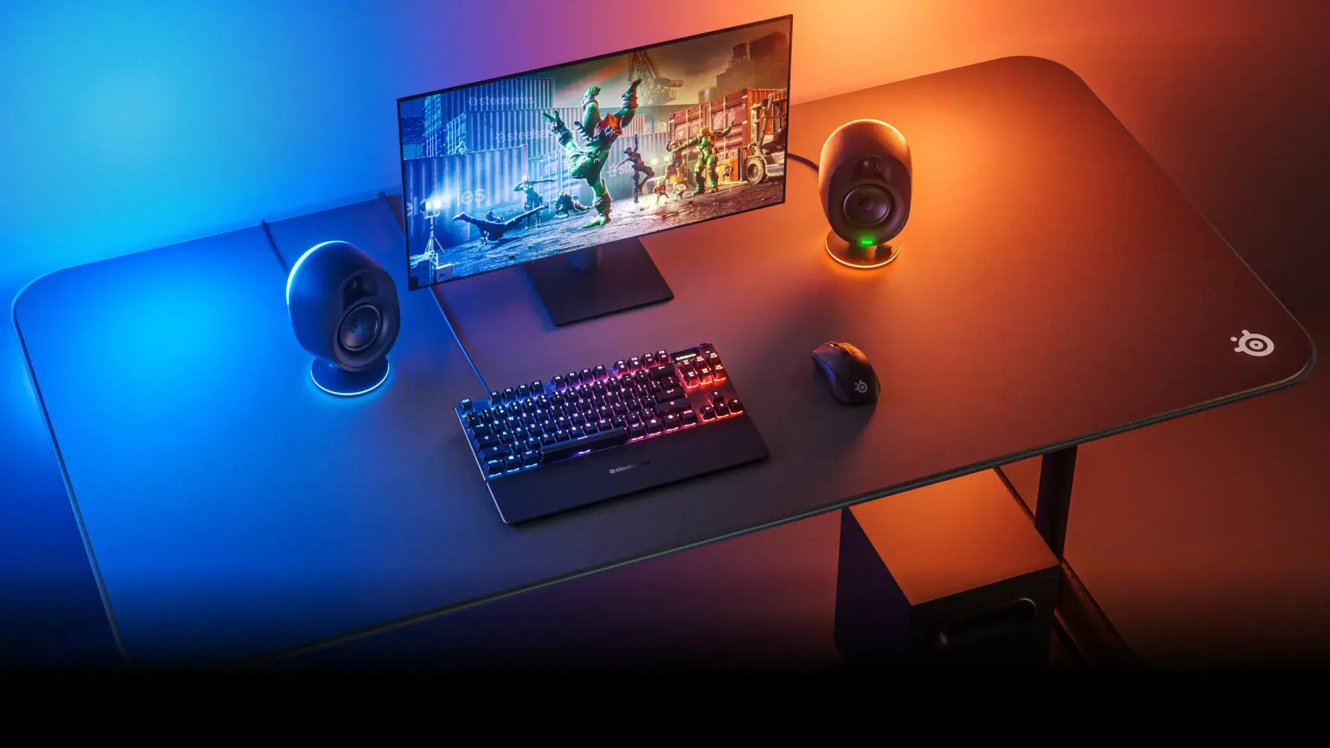 SteelSeries Arena 7 Set up on Desk with Subwoofer