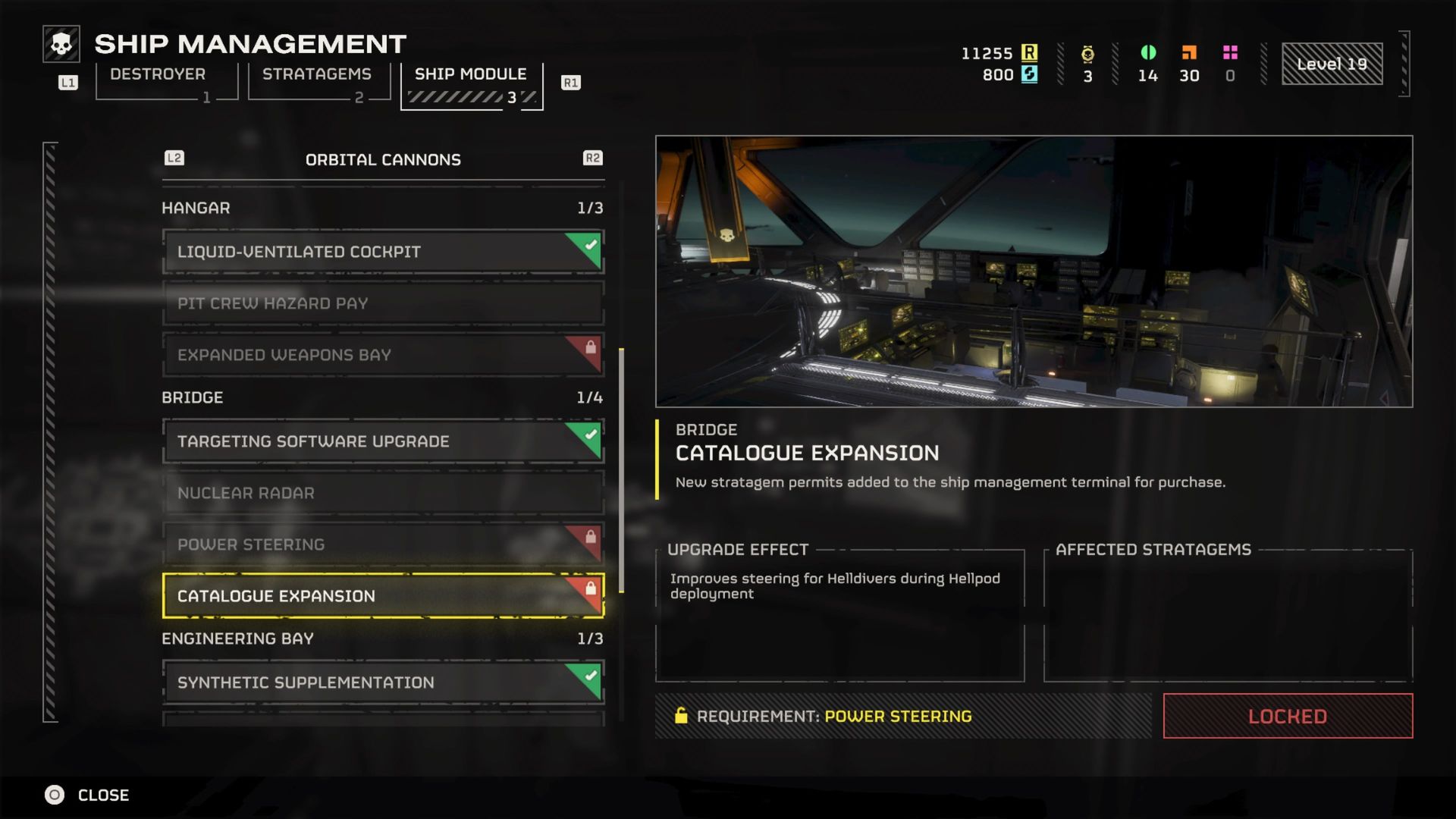 Catalog Expansion Ship Module Upgrade in Ship Management screen in Helldivers 2