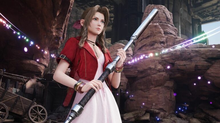 Aerith holding her staff in Final Fantasy 7 Rebirth