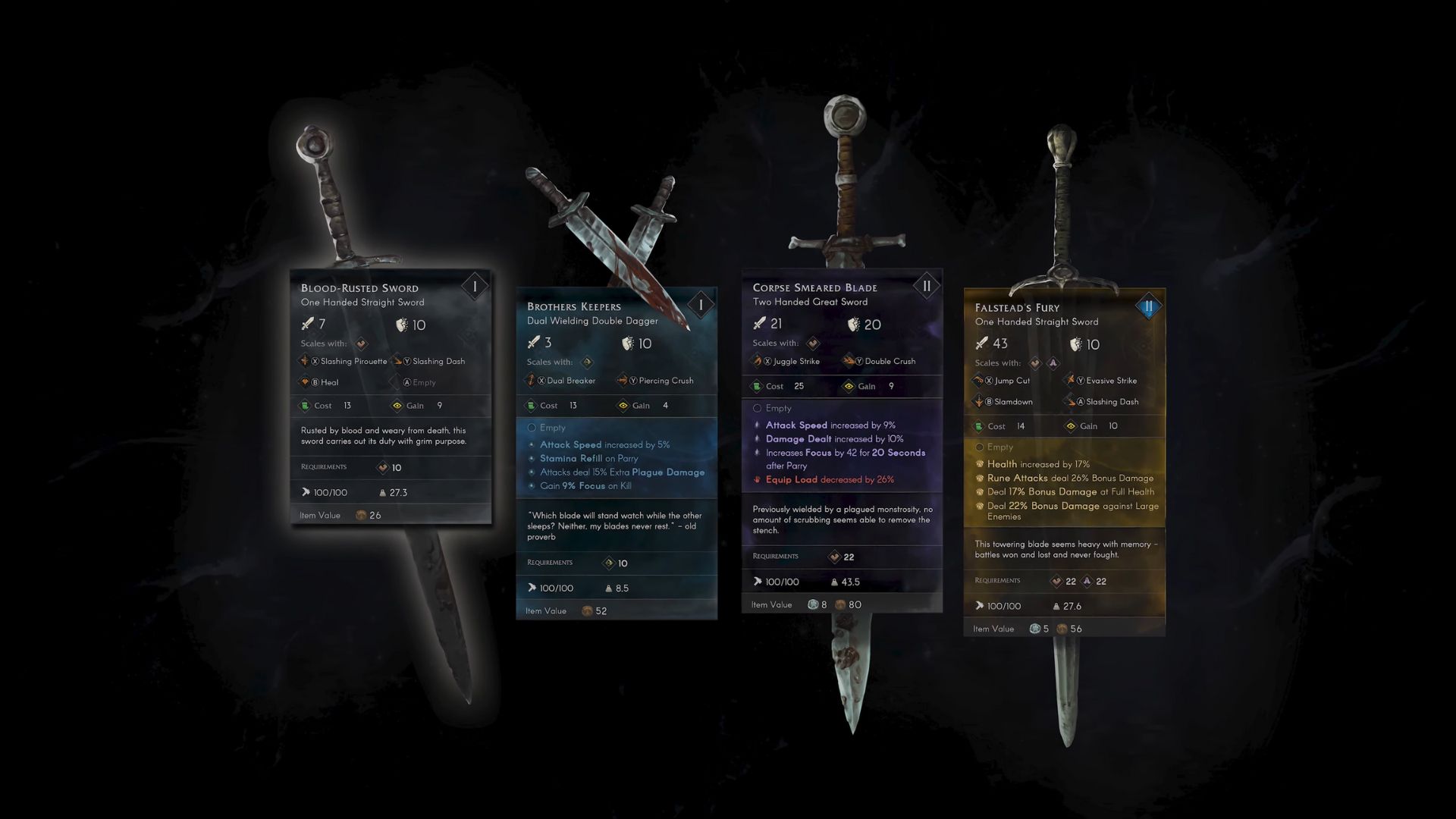Graphic showing Common, Rare, Cursed, Unique Weapon Rarities in No Rest for the Wicked